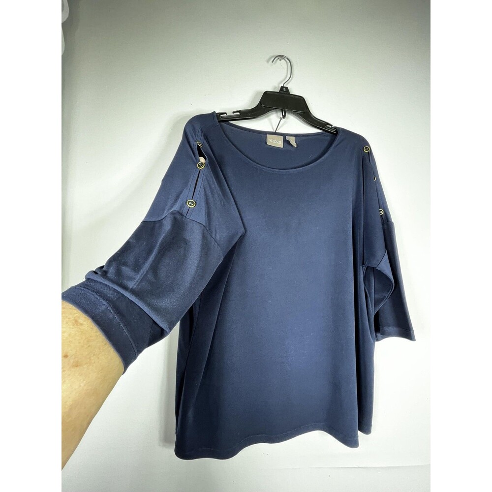 Chico's Blouse Womens 2 L Blue Boat Neck Button Dolman 3/4 Sleeve Jersey Top